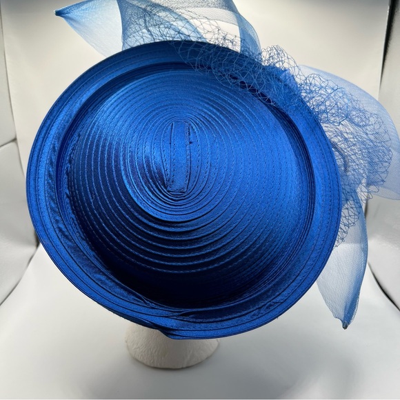 Susanna Elegant Blue Church, Derby Hat with Meshing and Rhinestone Accents main image 5